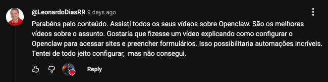 Comentário elogiando os melhores conteúdos sobre OpenClaw