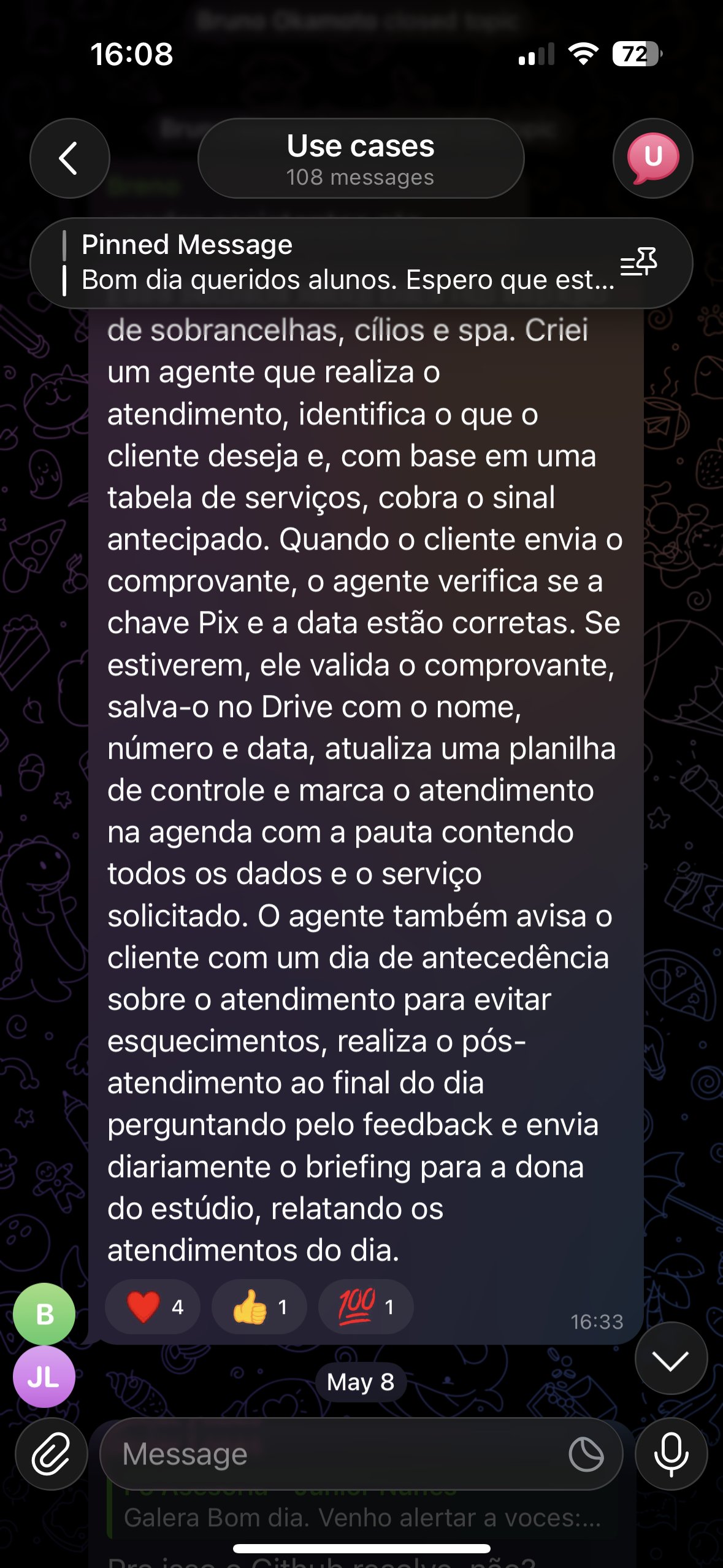Studio de sobrancelhas e spa: agente atende clientes, cobra sinal antecipado, valida Pix, atualiza planilha, agenda, lembra com 1 dia de antecedência e envia briefing diário