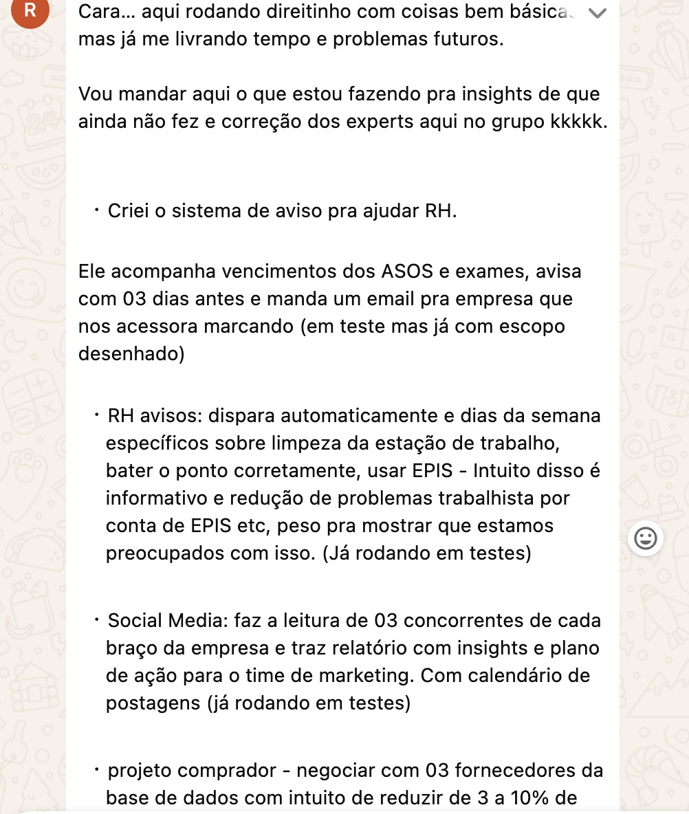 Depoimento detalhado: sistema de avisos para RH, Social Media com analise de concorrentes, projeto comprador automatizado