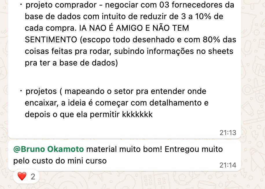 Depoimento: material muito bom, entregou muito pelo custo do mini curso